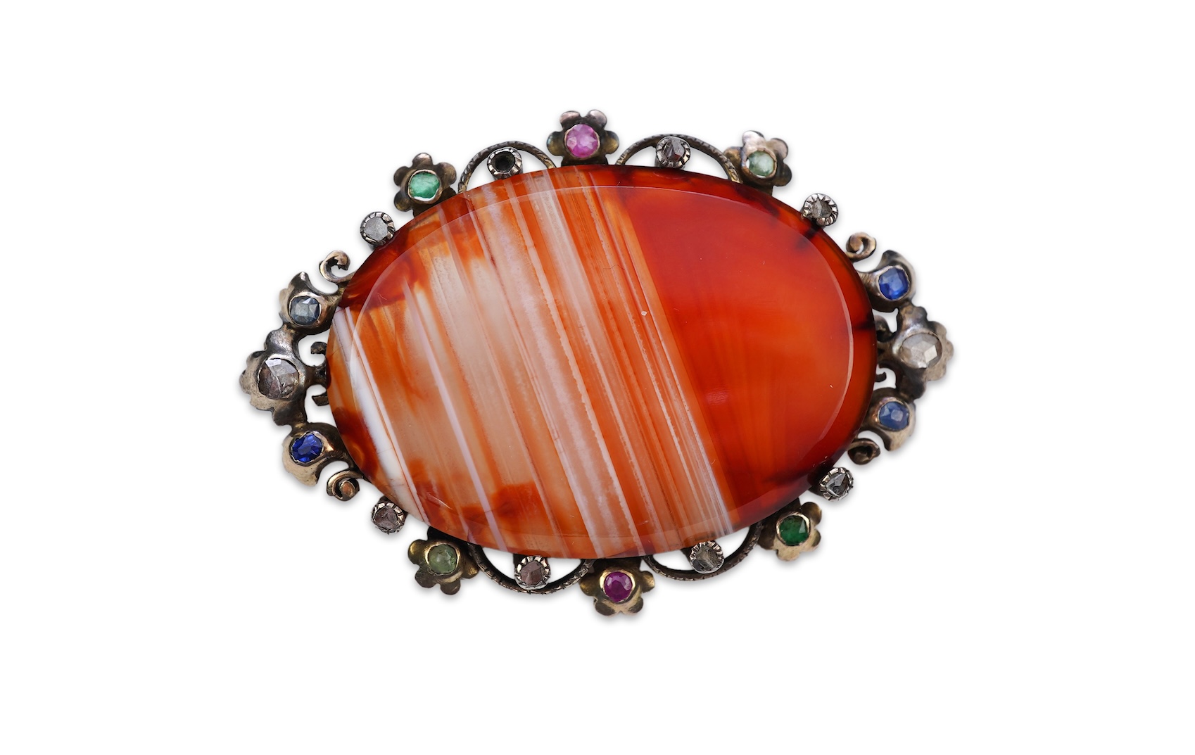 An agate, ruby, emerald and diamond brooch, circa 1900